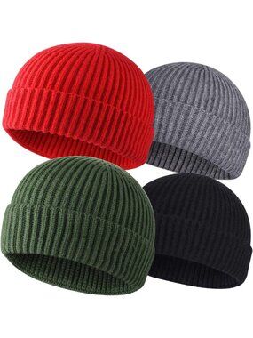 Cozy 4 Pack Knit Wool Fisherman Beanies for Men - Warm Winter Watch Caps